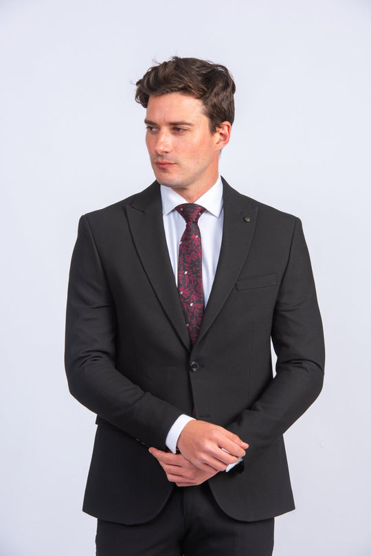 Black Textured Slim Fit Suit - Roban