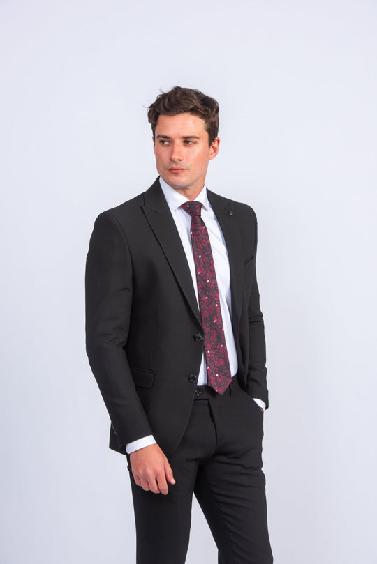 Black Textured Slim Fit Suit - Roban
