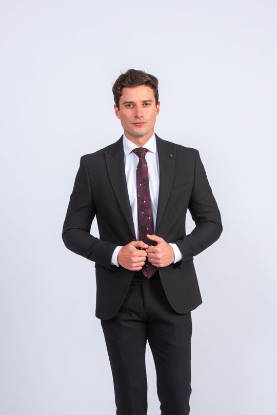 Black Textured Slim Fit Suit - Roban