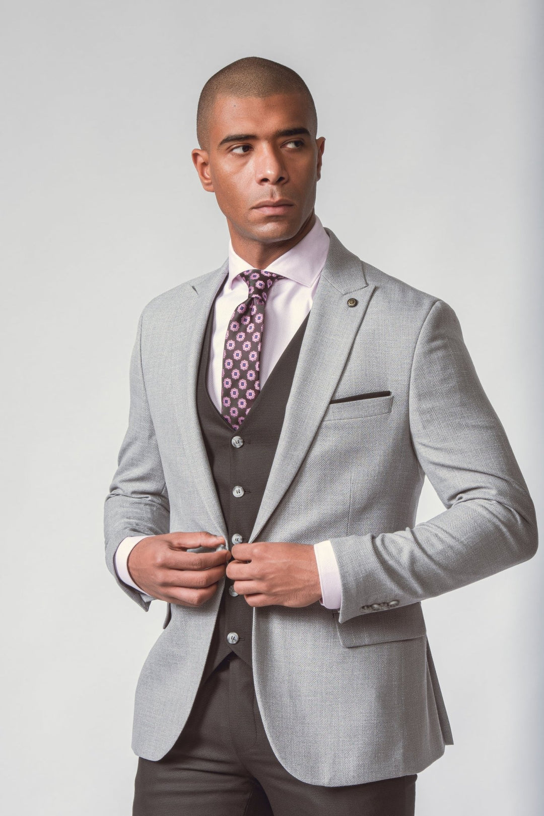 GREY HERRINGBONE 3 PIECES SLIMT FIT SUIT - Roban