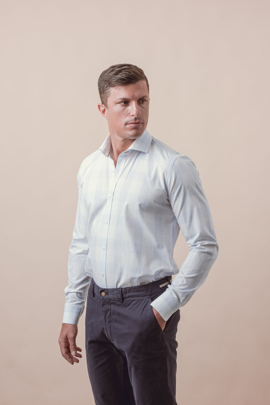 LIGHT BLUE CHECKED COTTON REGULAR FIT SHIRT