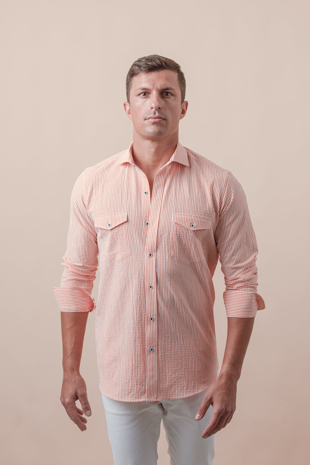 STRIPED CRINKLE-RIBBED COTTON SLIM FIT  SHIRT