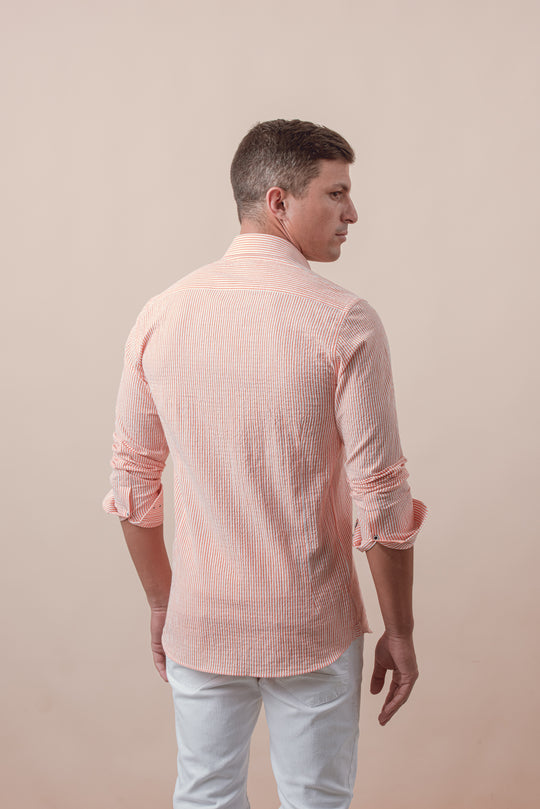 STRIPED CRINKLE-RIBBED COTTON SLIM FIT  SHIRT