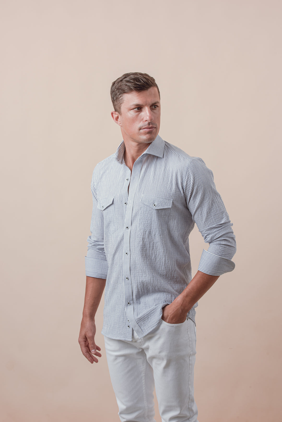 STRIPED CRINKLE-RIBBED COTTON SLIM FIT  SHIRT