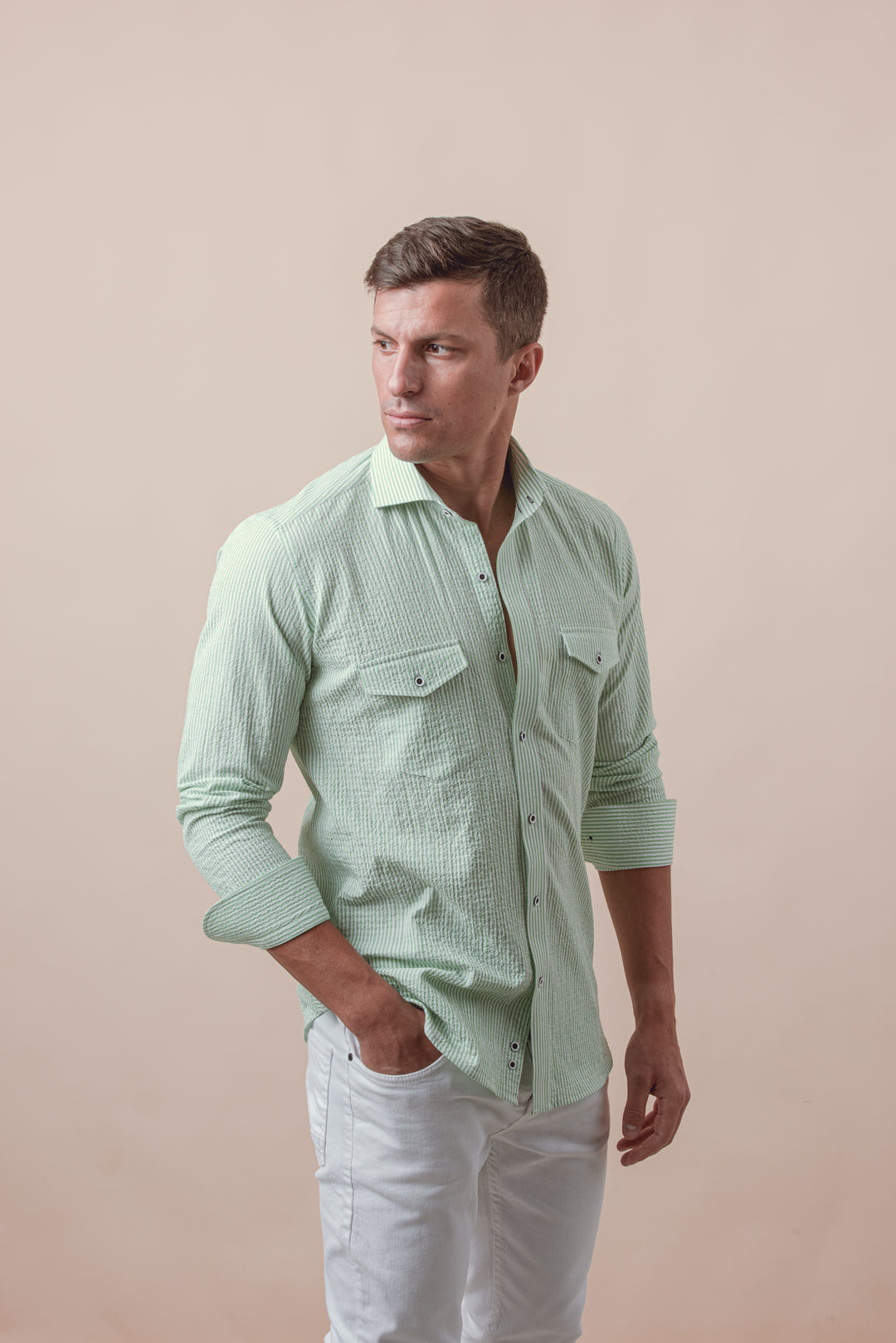 STRIPED CRINKLE-RIBBED COTTON SLIM FIT  SHIRT