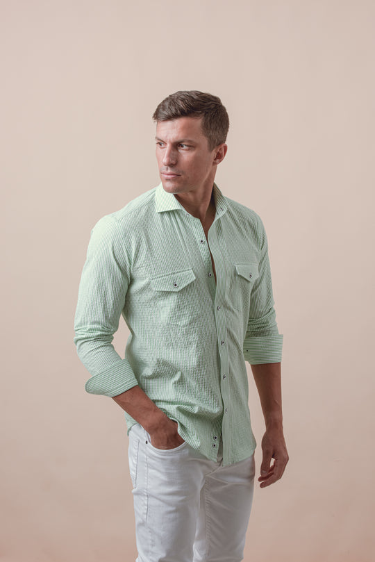 STRIPED CRINKLE-RIBBED COTTON SLIM FIT  SHIRT