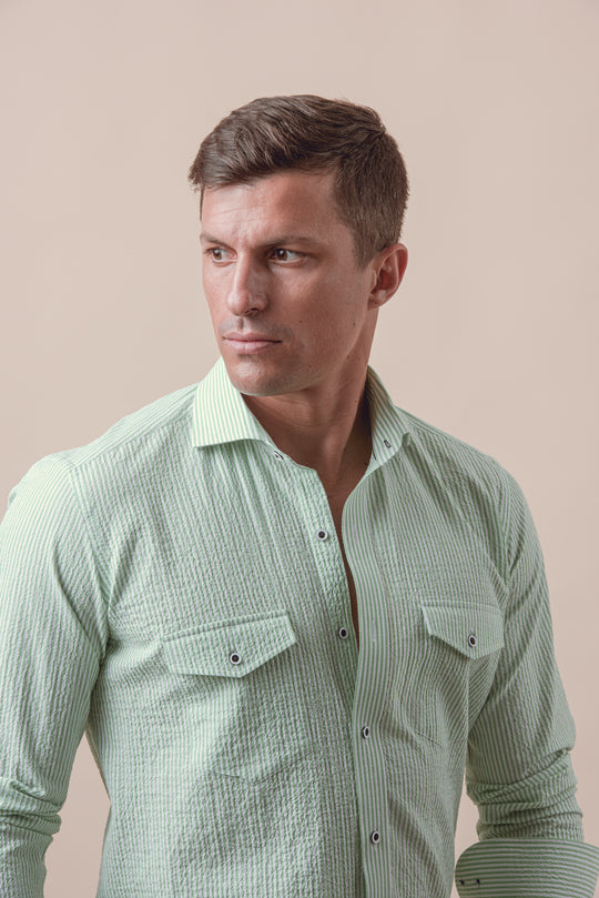 STRIPED CRINKLE-RIBBED COTTON SLIM FIT  SHIRT