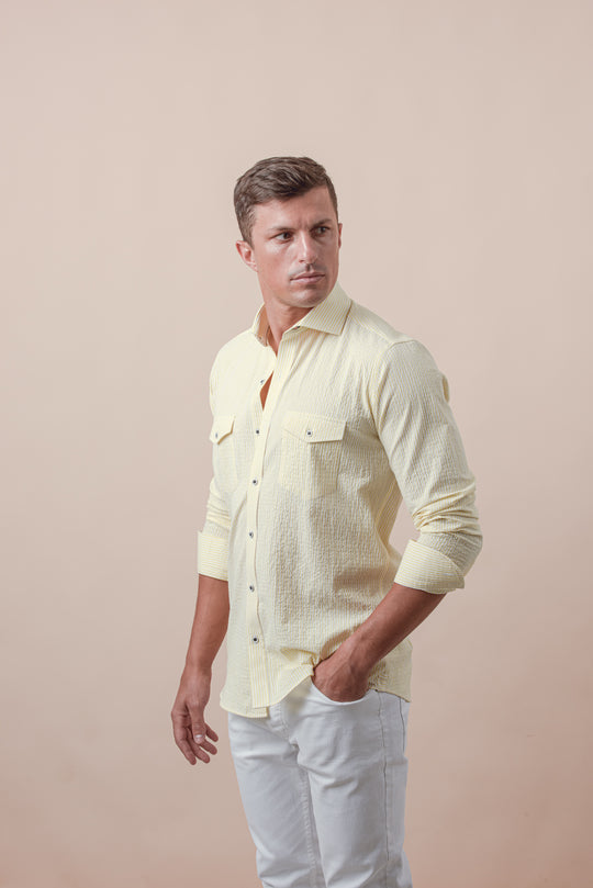 STRIPED CRINKLE-RIBBED COTTON SLIM FIT  SHIRT