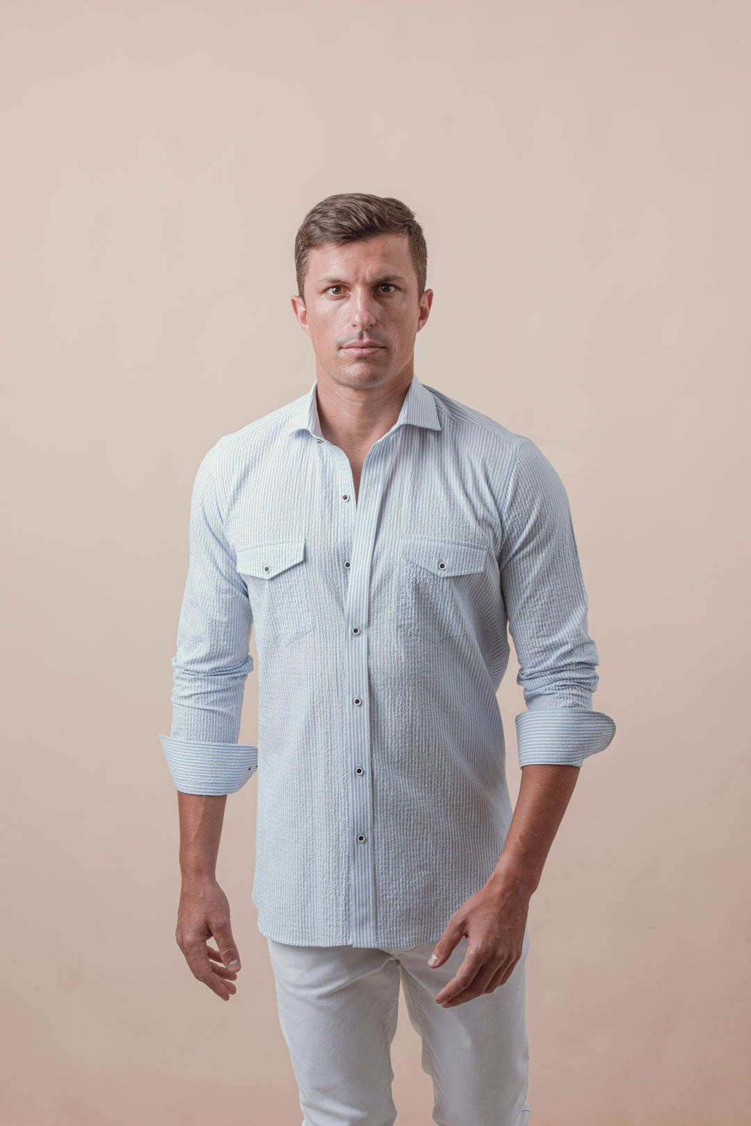 STRIPED CRINKLE-RIBBED COTTON SLIM FIT  SHIRT