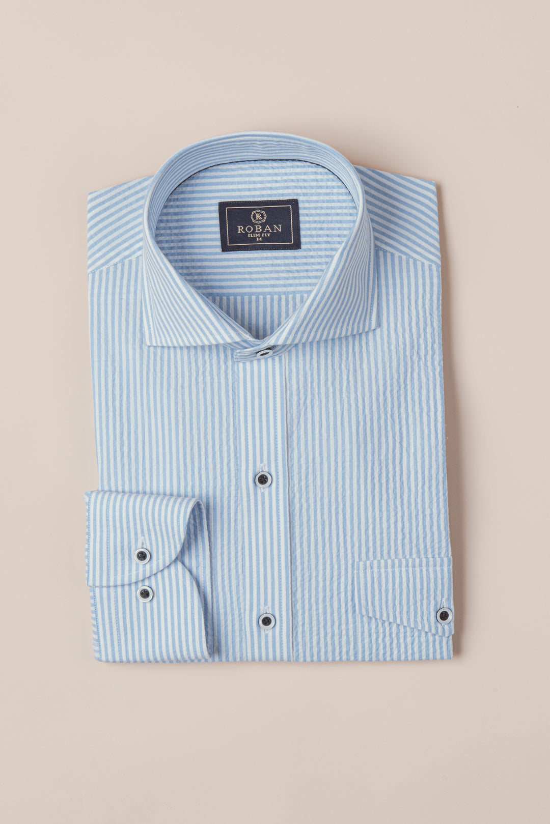 STRIPED CRINKLE-RIBBED COTTON SLIM FIT  SHIRT