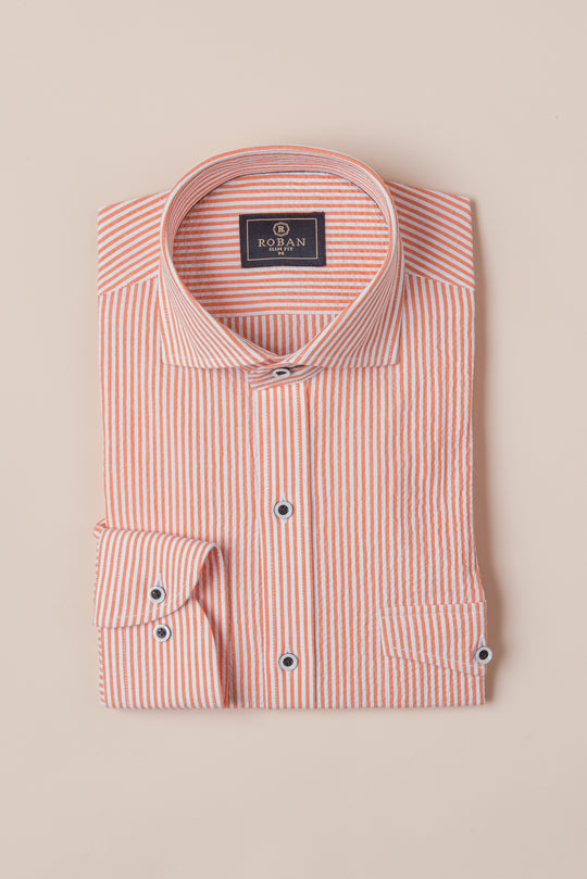 STRIPED CRINKLE-RIBBED COTTON SLIM FIT  SHIRT