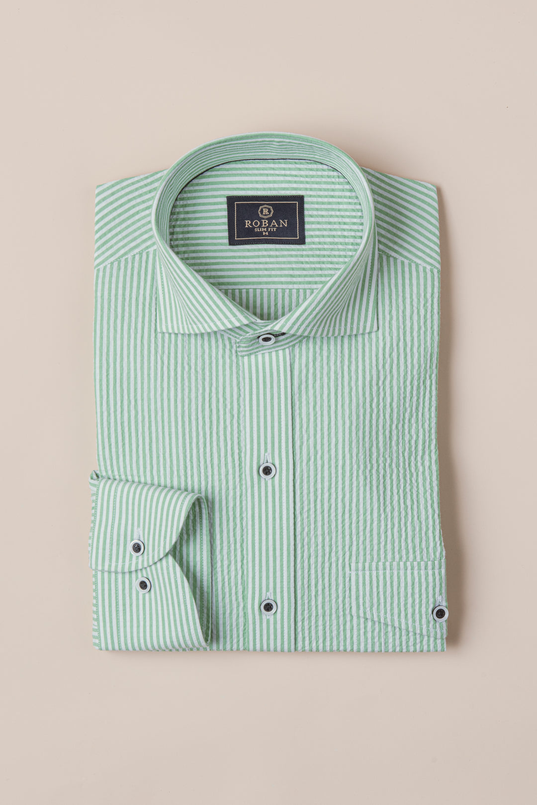 STRIPED CRINKLE-RIBBED COTTON SLIM FIT  SHIRT