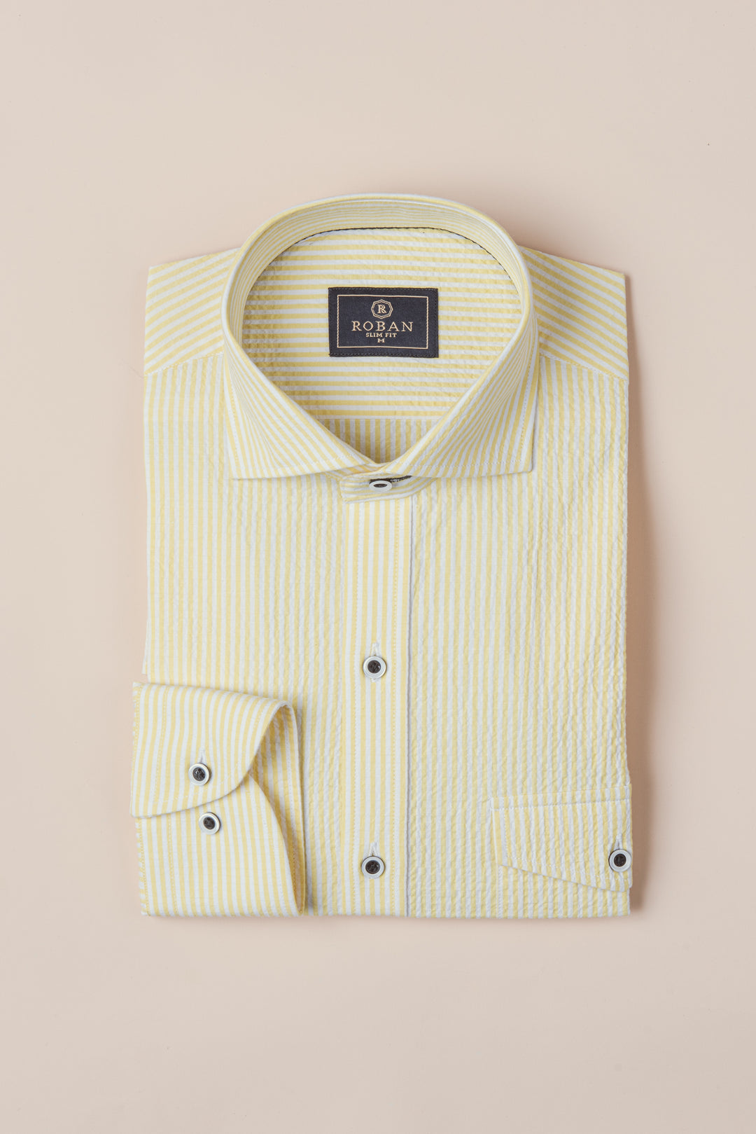 STRIPED CRINKLE-RIBBED COTTON SLIM FIT  SHIRT