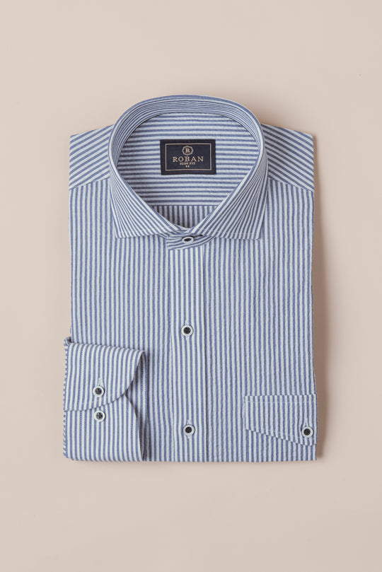 STRIPED CRINKLE-RIBBED COTTON SLIM FIT  SHIRT