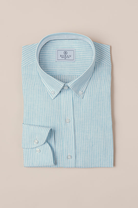 STRIBED WASHED LINEN REGULAR FIT SHIRT