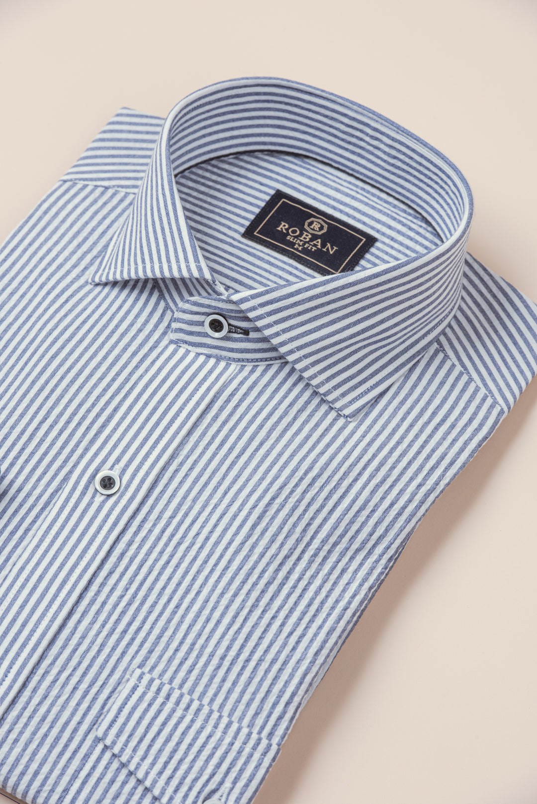 STRIPED CRINKLE-RIBBED COTTON SLIM FIT  SHIRT