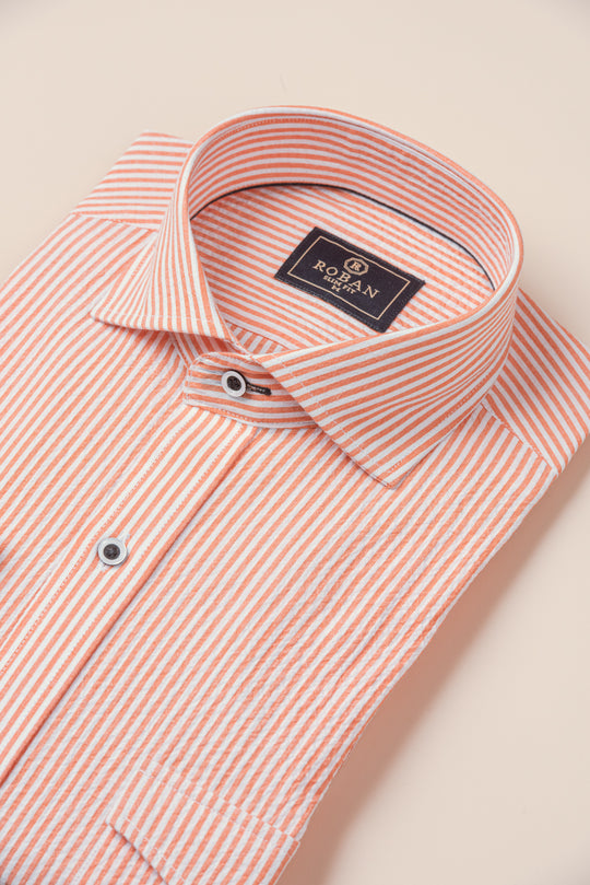 STRIPED CRINKLE-RIBBED COTTON SLIM FIT  SHIRT