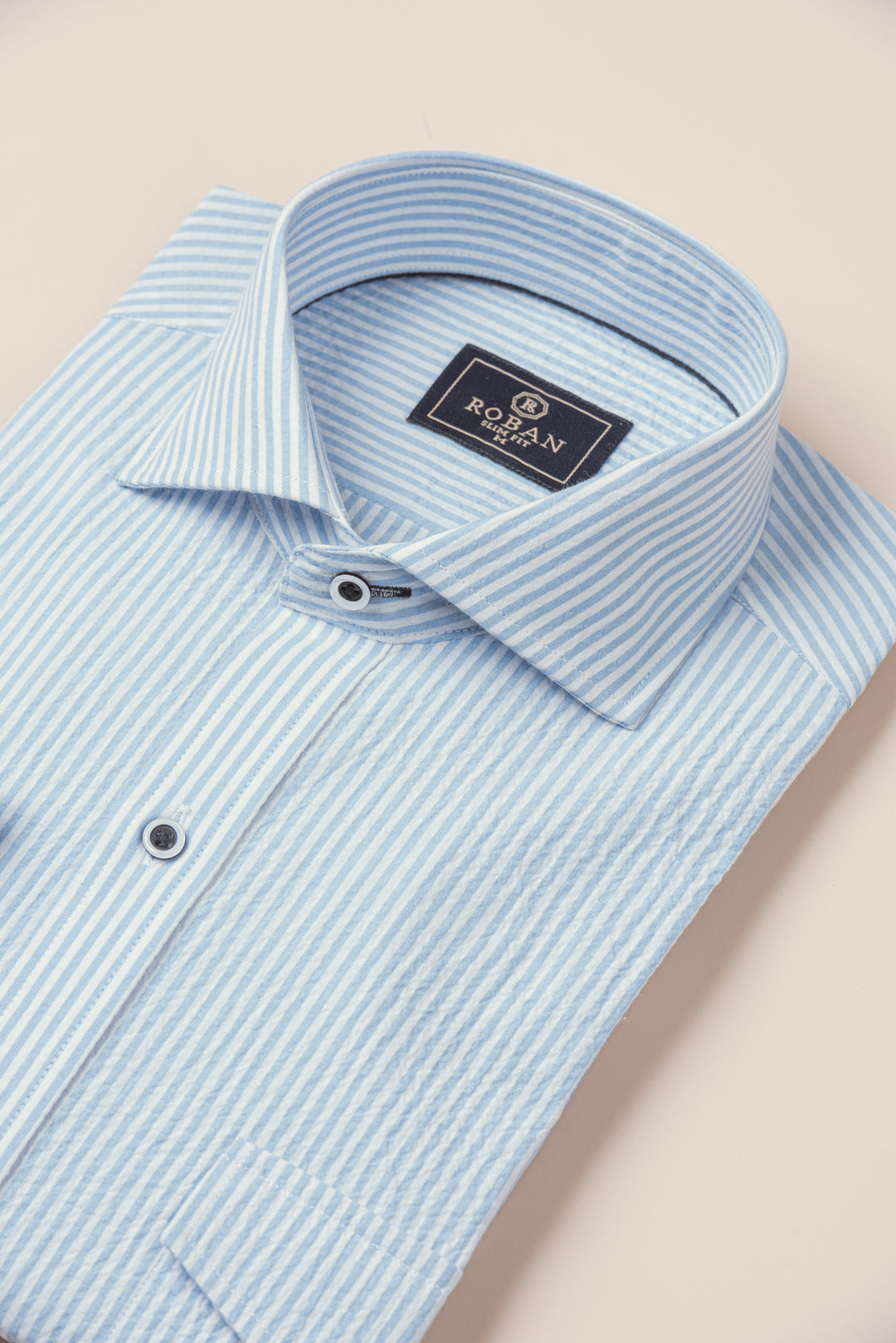 STRIPED CRINKLE-RIBBED COTTON SLIM FIT  SHIRT