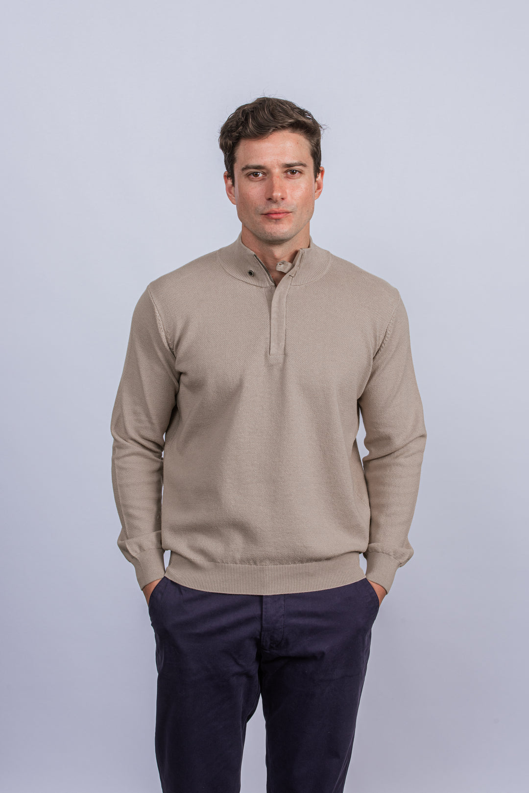 Cotton Ribbed knitted Zip Turtle-neck Pullover