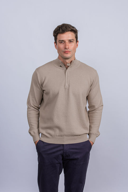 Cotton Ribbed knitted Zip Turtle-neck Pullover