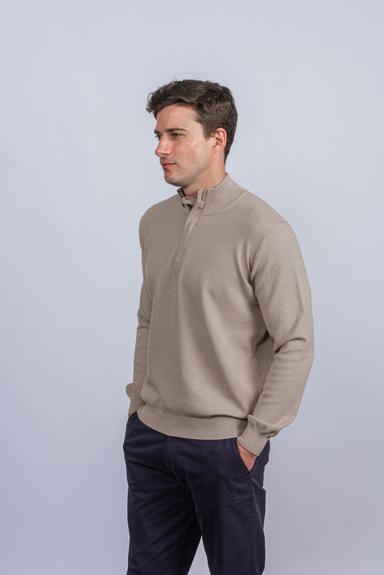 Cotton Ribbed knitted Zip Turtle-neck Pullover