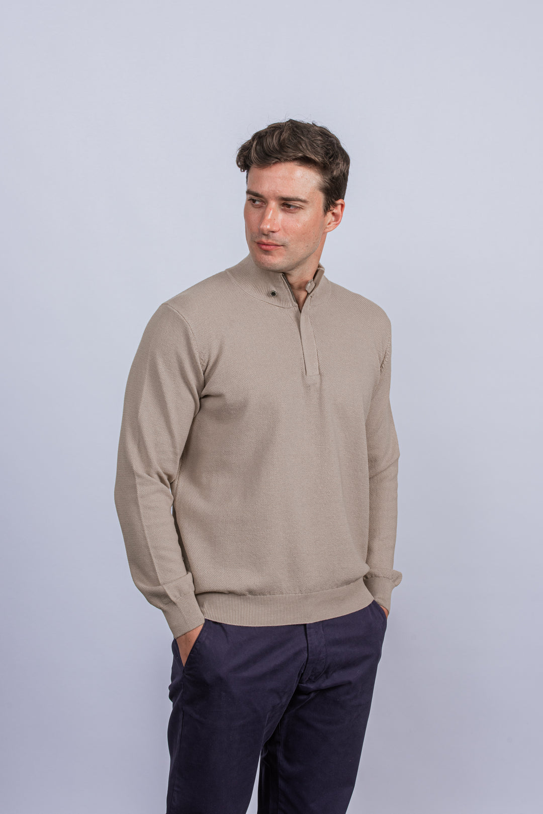 Cotton Ribbed knitted Zip Turtle-neck Pullover