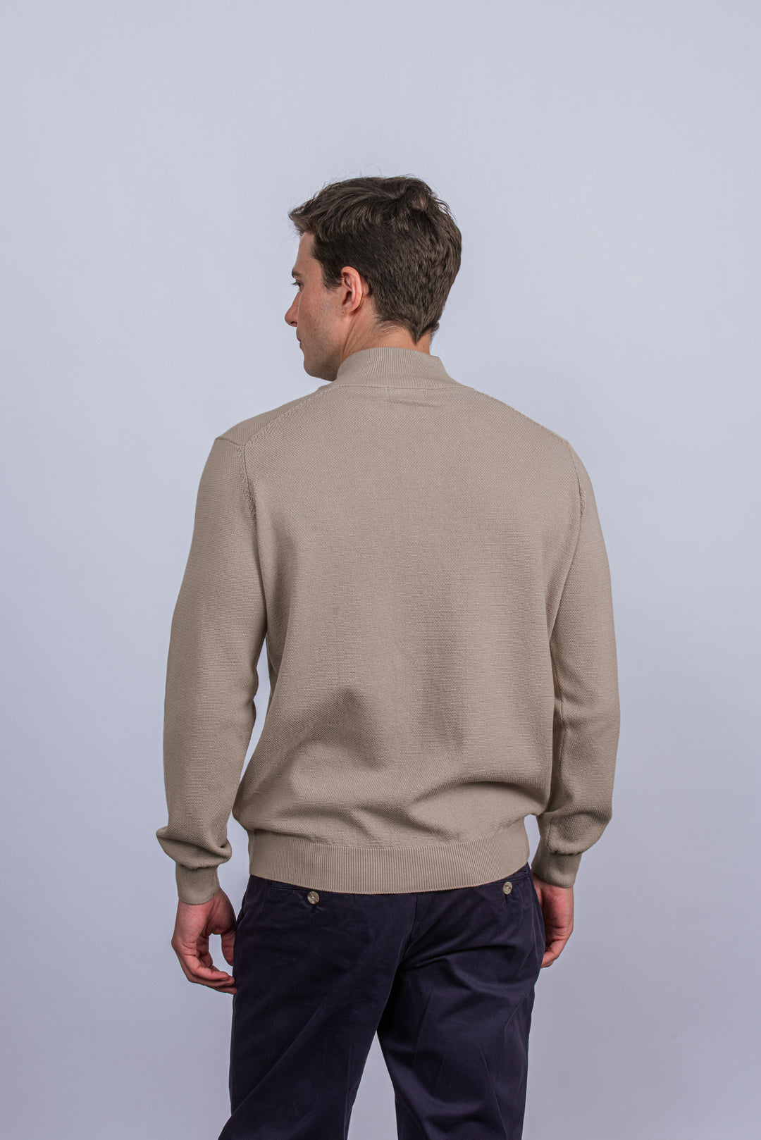 Cotton Ribbed knitted Zip Turtle-neck Pullover