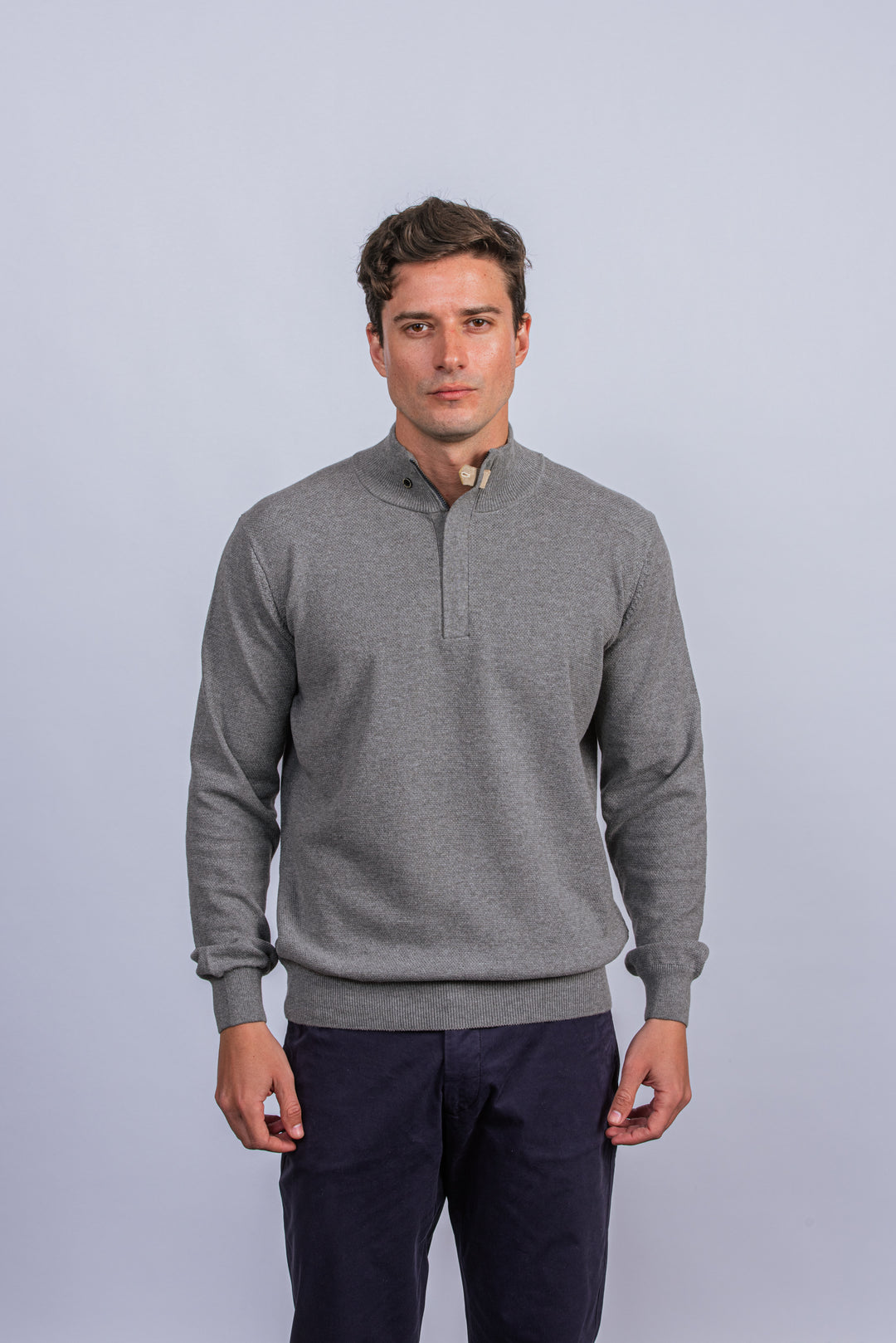 Cotton Ribbed knitted Zip Turtle-neck Pullover