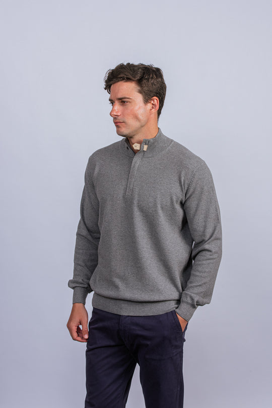 Cotton Ribbed knitted Zip Turtle-neck Pullover