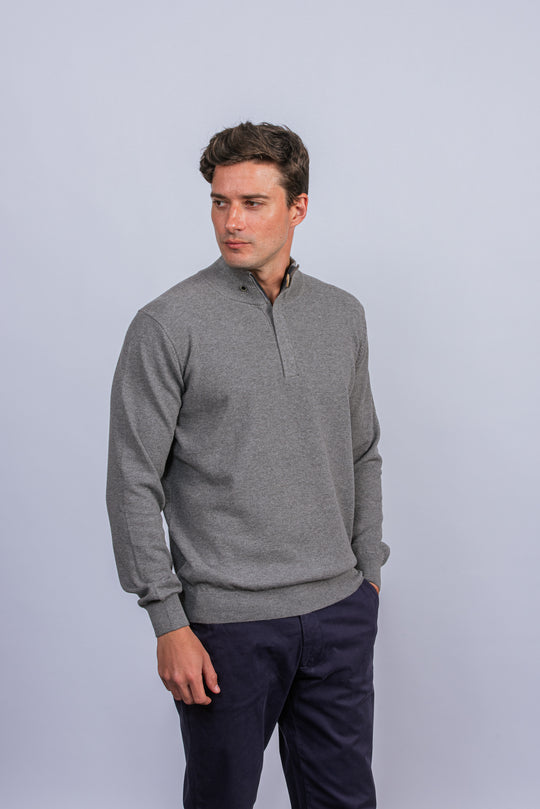 Cotton Ribbed knitted Zip Turtle-neck Pullover