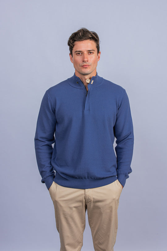 Cotton Ribbed knitted Zip Turtle-neck Pullover