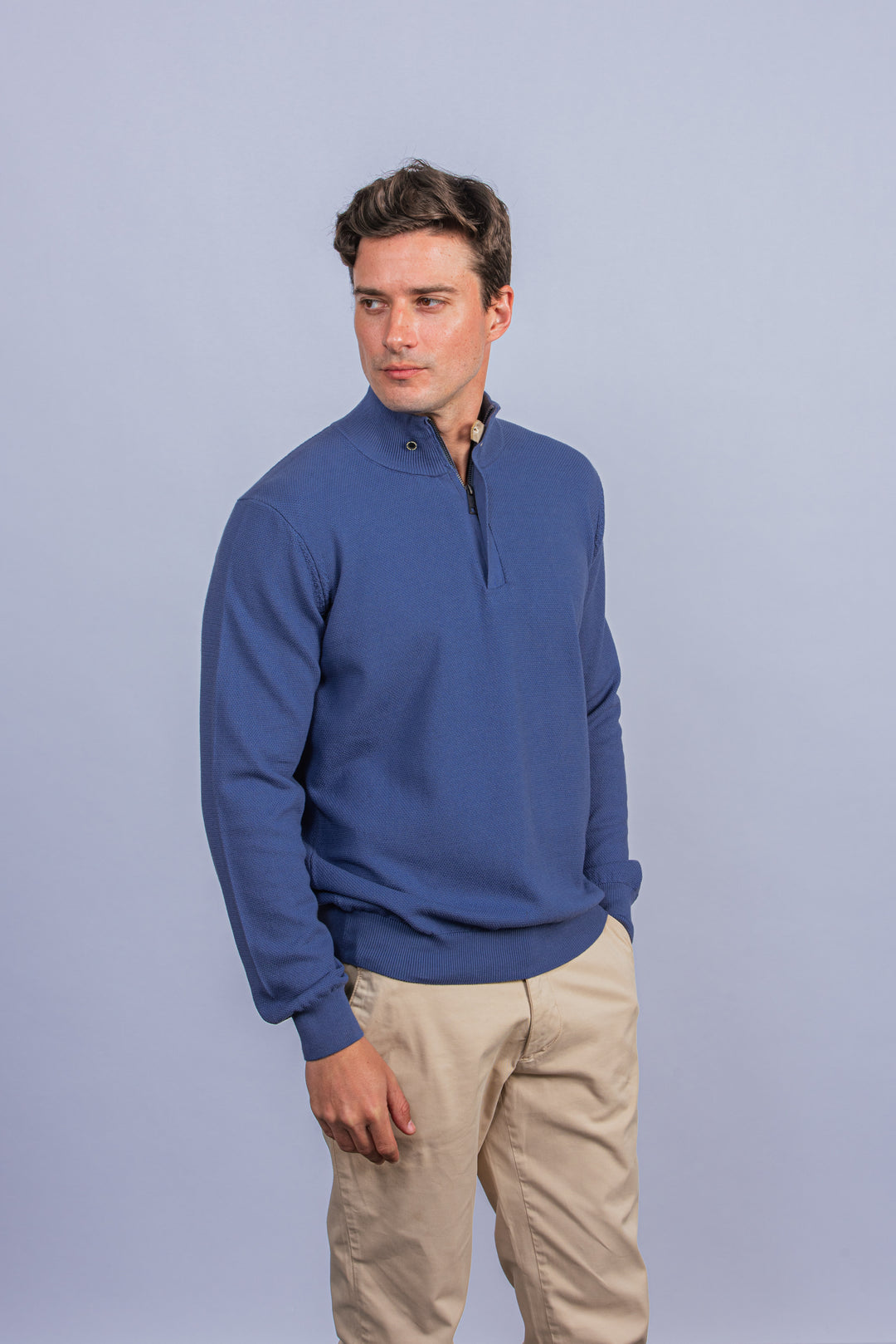 Cotton Ribbed knitted Zip Turtle-neck Pullover