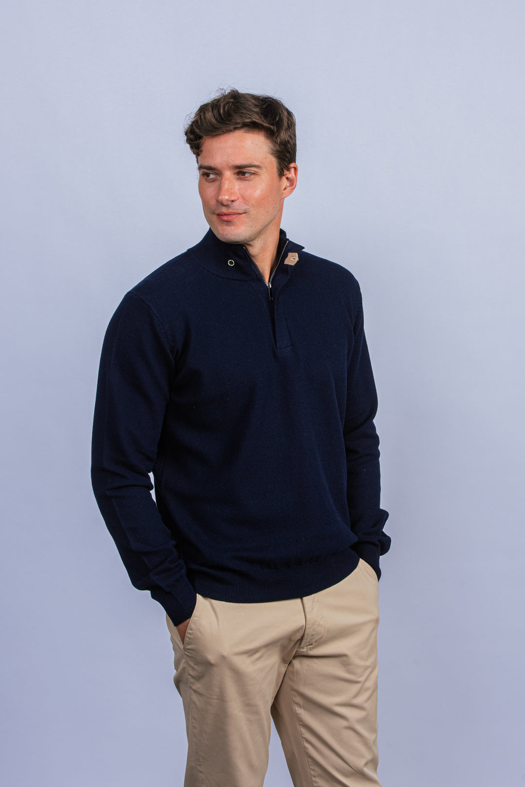 Cotton Ribbed knitted Zip Turtle-neck Pullover