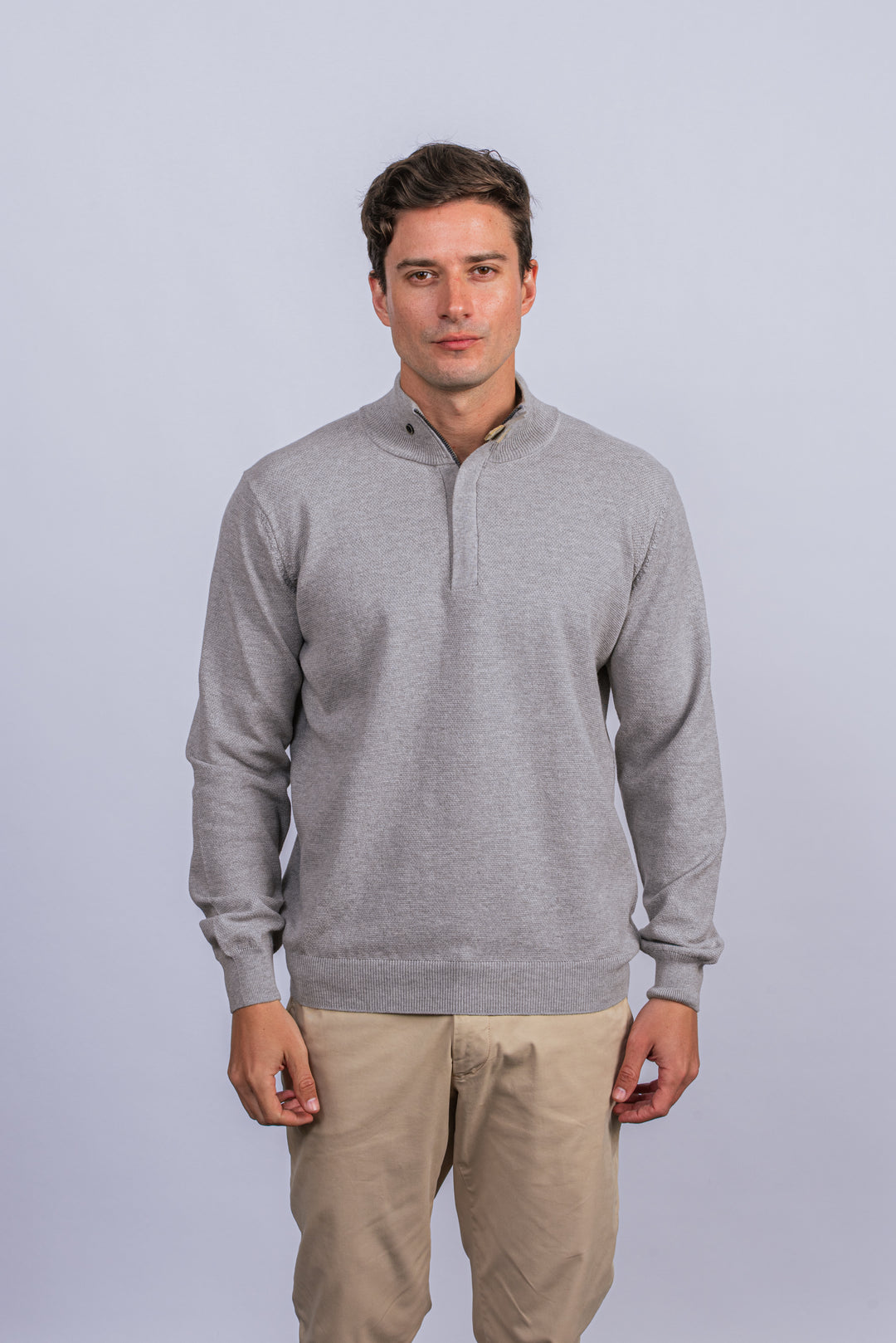 Cotton Ribbed knitted Zip Turtle-neck Pullover