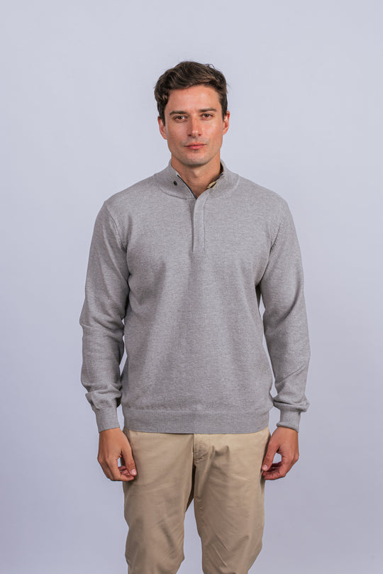 Cotton Ribbed knitted Zip Turtle-neck Pullover