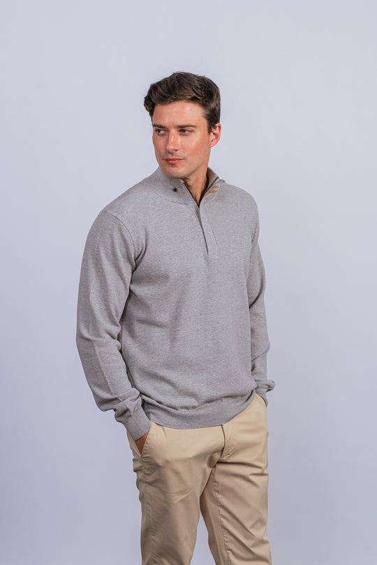 Cotton Ribbed knitted Zip Turtle-neck Pullover