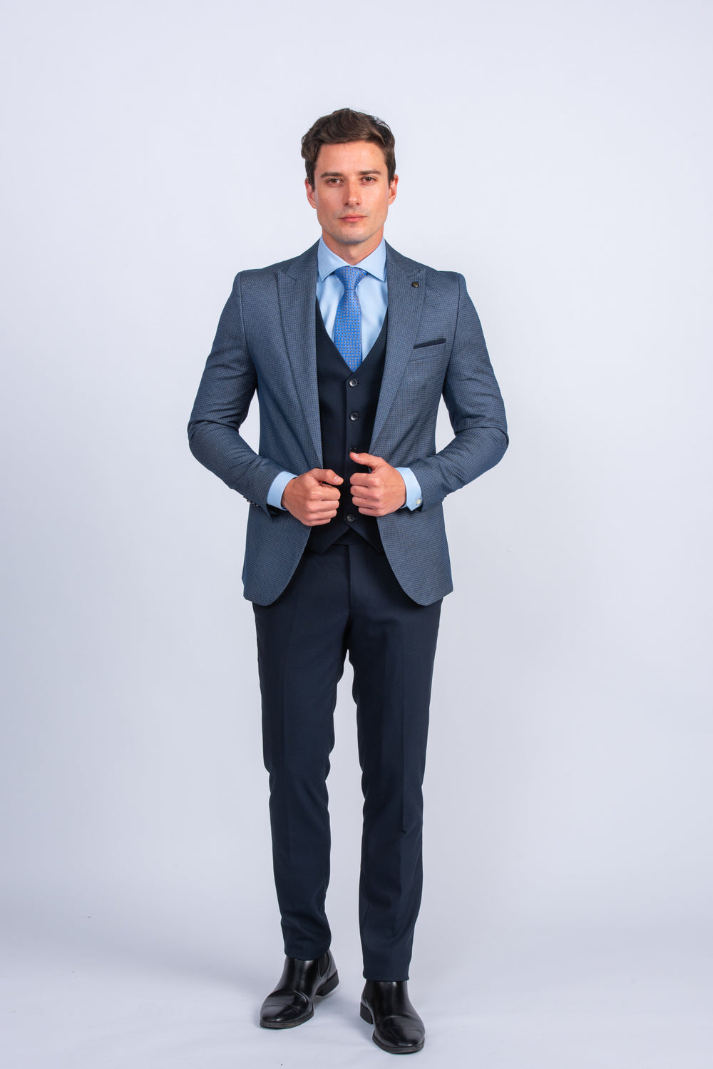 Blue Dotted Slim Fit 3 Pieces Suit