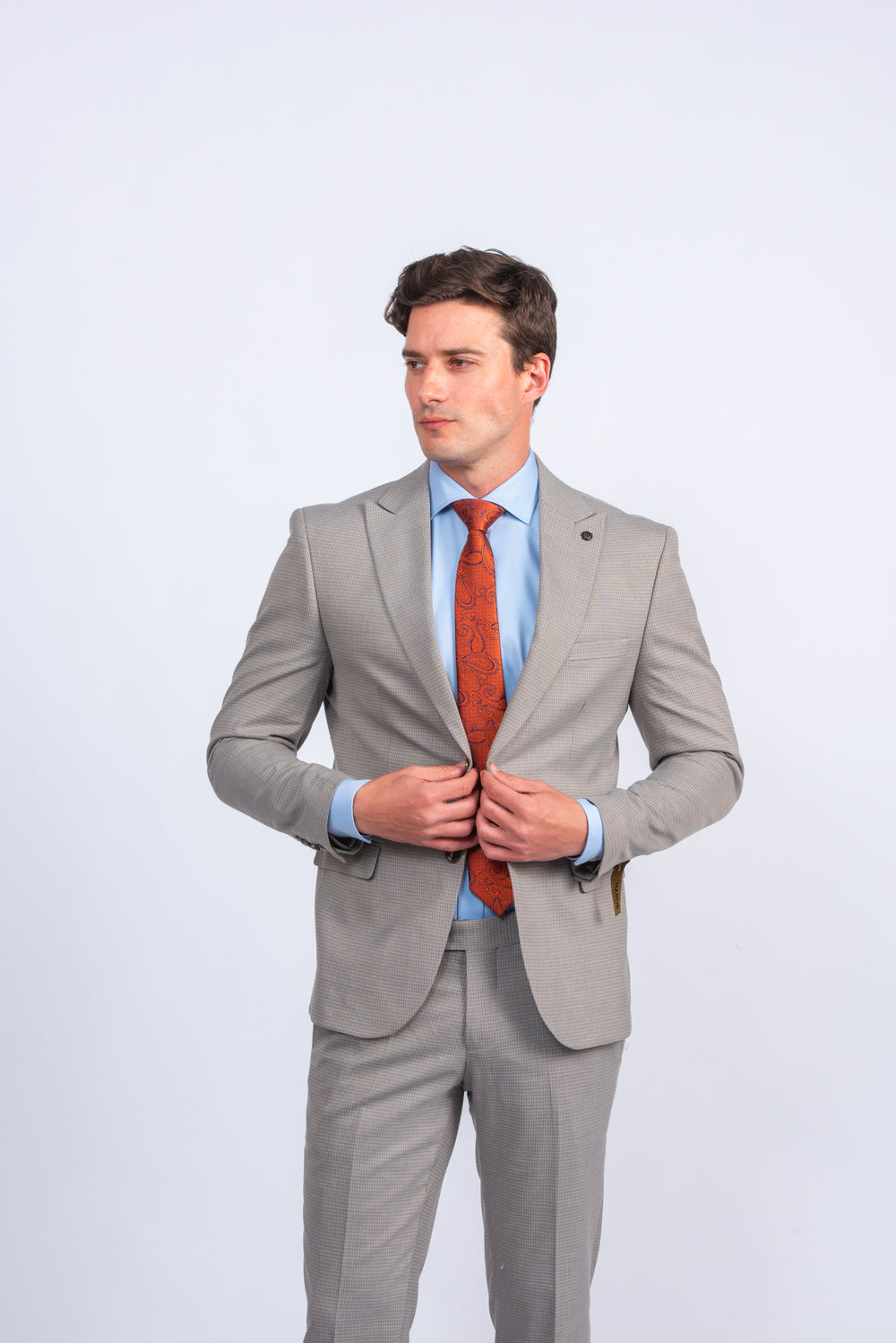 Beige Micro Checked Regular Fit Suit