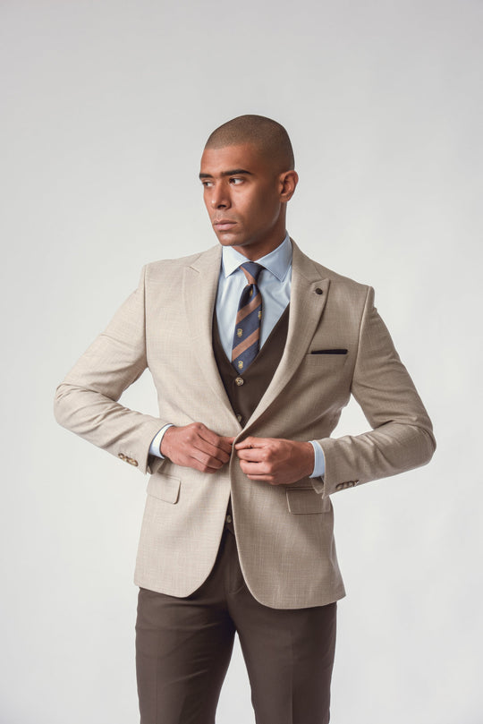 BEIGE HERRINGBONE 3 PIECES SLIMT FIT SUIT