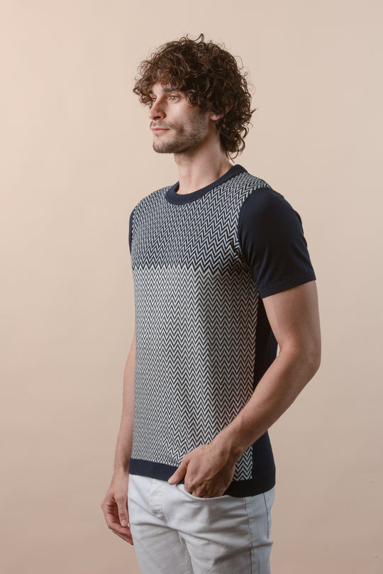 COTTON ZEGZAG STYLE KNITTED CREWNECK T-SHIRT