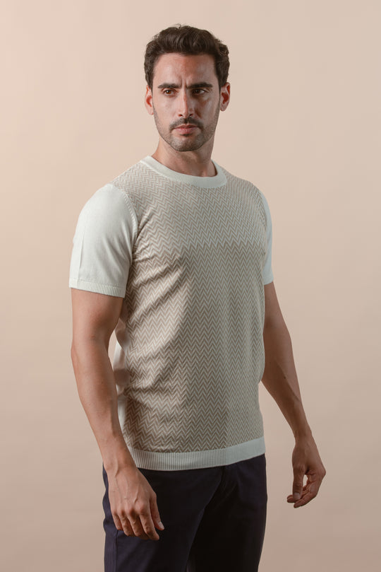 COTTON ZEGZAG STYLE KNITTED CREWNECK T-SHIRT