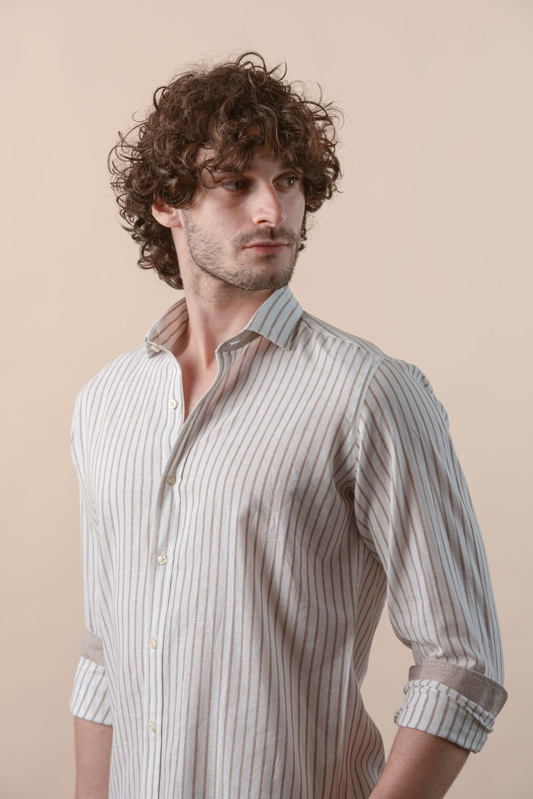 STRIPED WASHED COTTON LINEN REGULAR FIT SHIRT