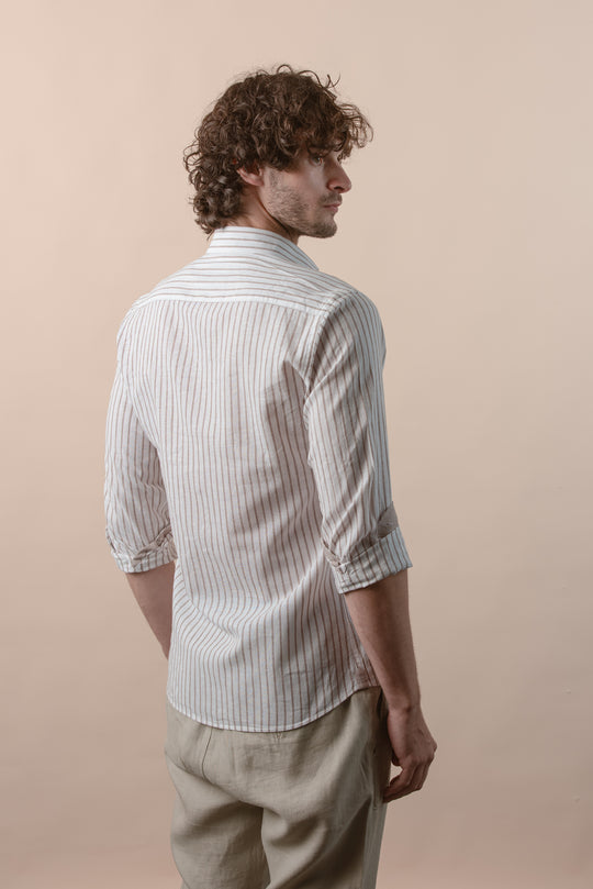 STRIPED WASHED COTTON LINEN REGULAR FIT SHIRT