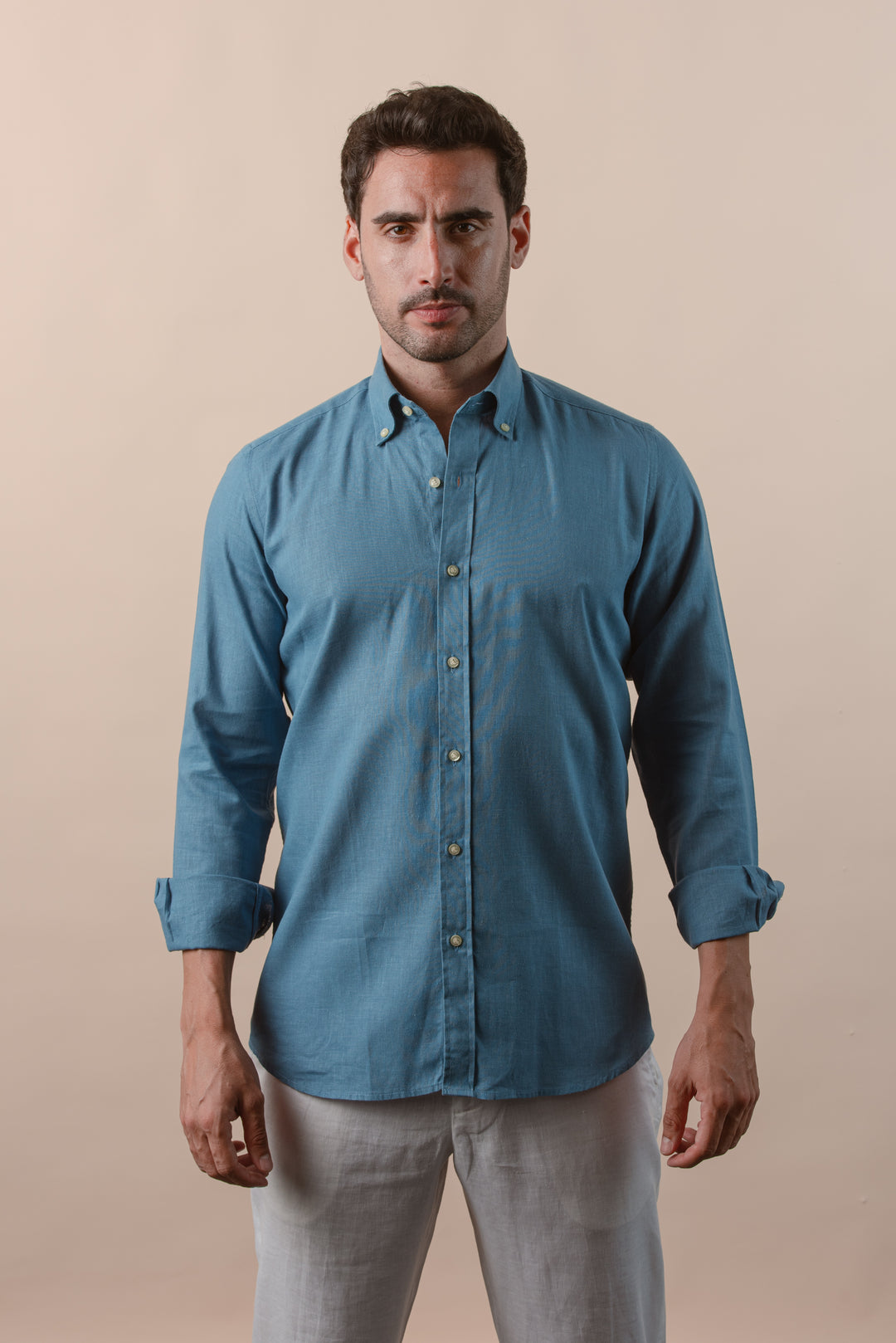 PLAIN WASHED COTTON LINEN REGULAR FIT SHIRT