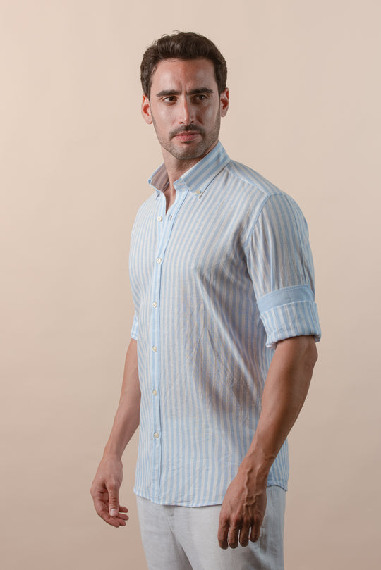 STRIPED WASHED COTTON LINEN REGULAR FIT SHIRT