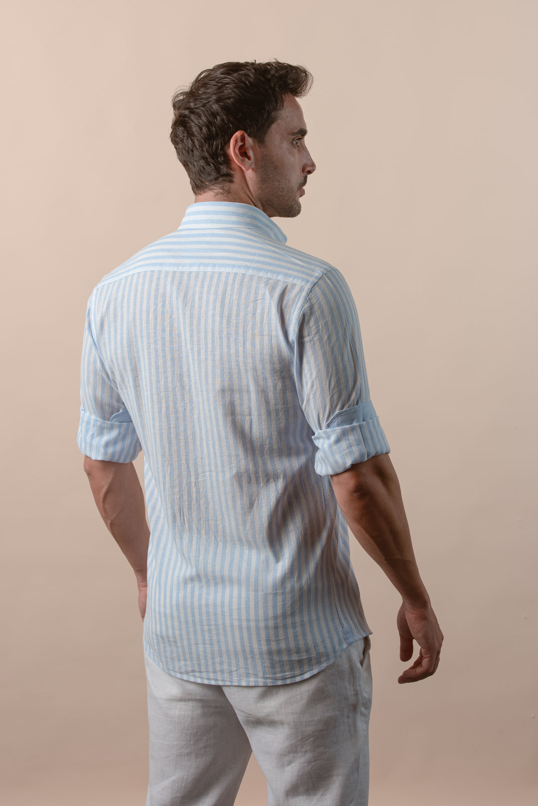 STRIPED WASHED COTTON LINEN REGULAR FIT SHIRT