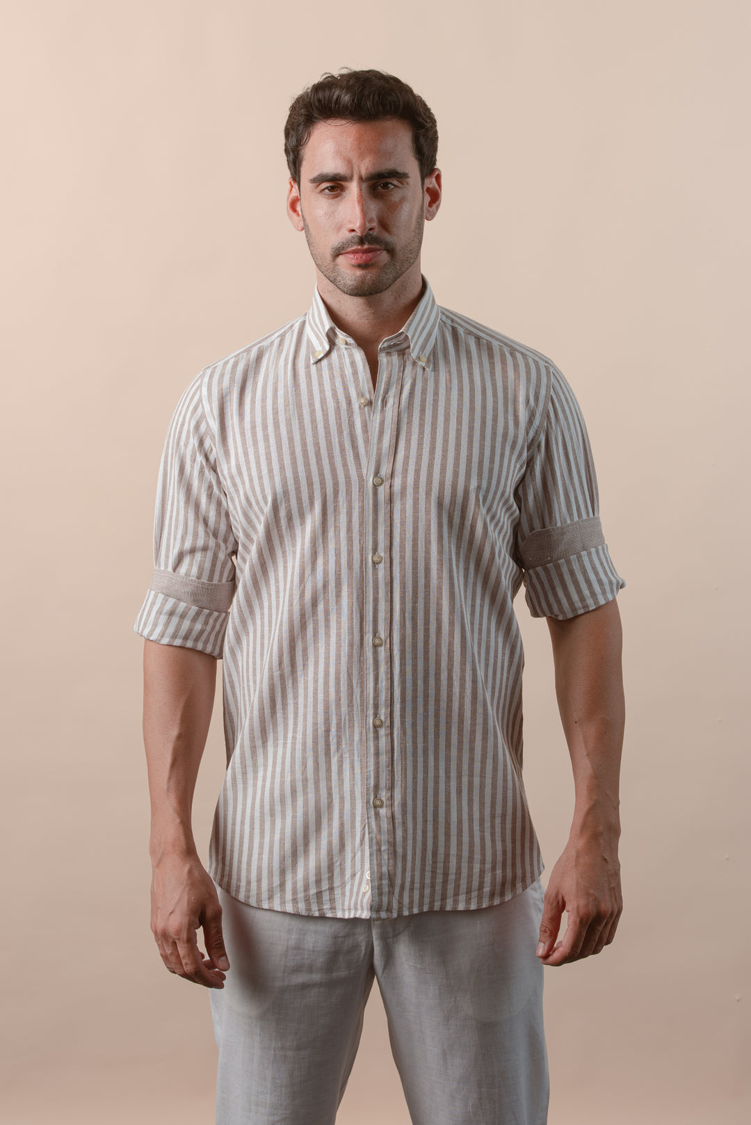 STRIPED WASHED COTTON LINEN REGULAR FIT SHIRT