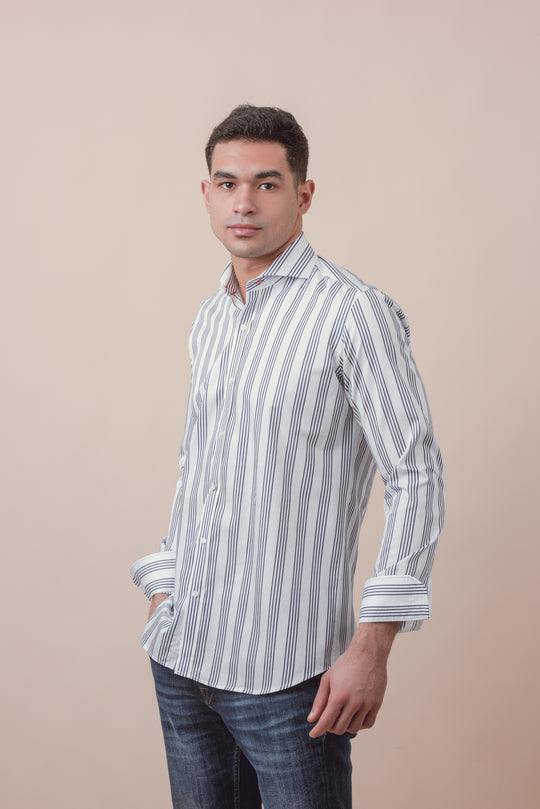 WHITE STRIPED COTTON SLIM FIT SHIRT