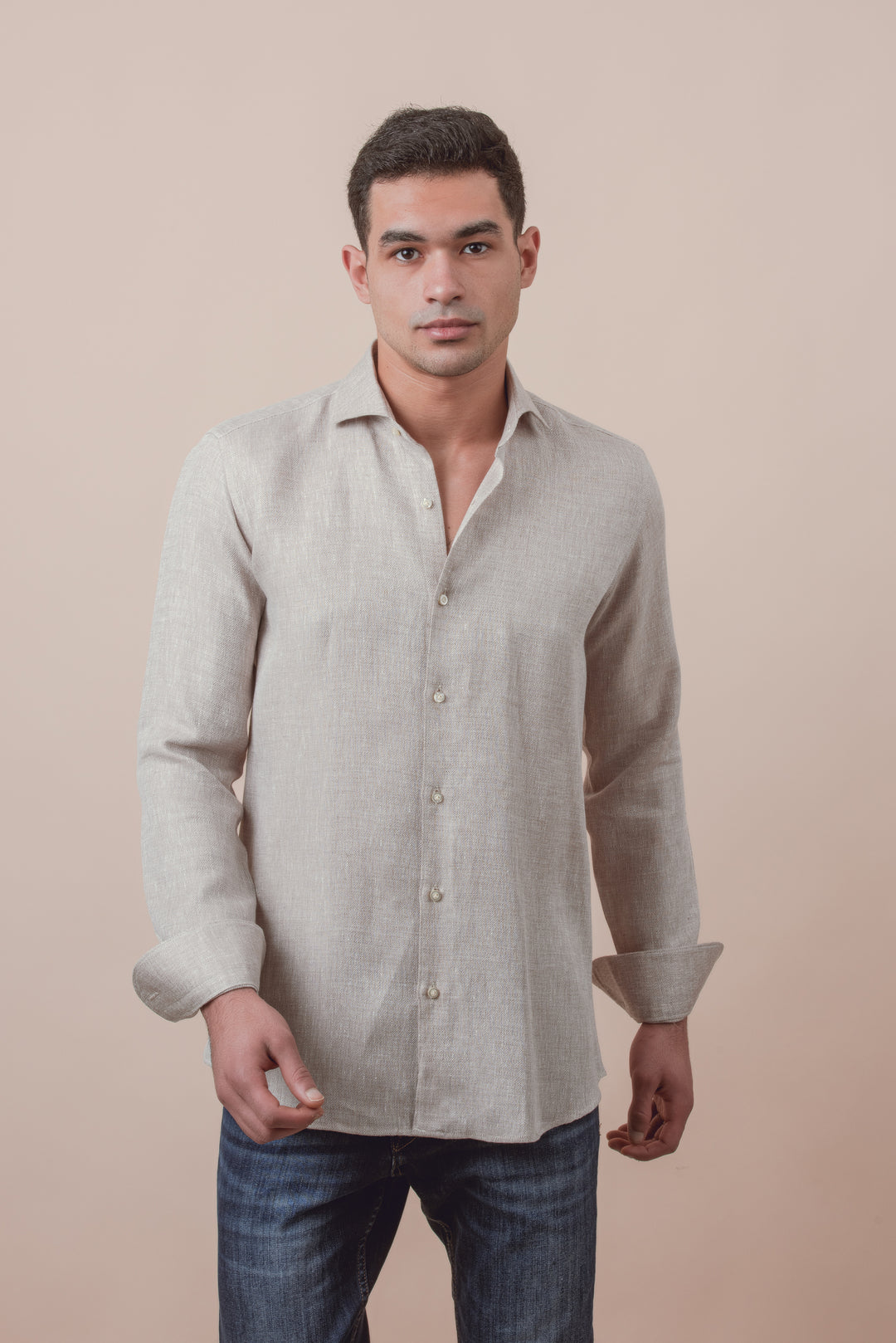 TEXTURED PLAIN TEXTURED WASHED LINEN REGULAR FIT SHIRT