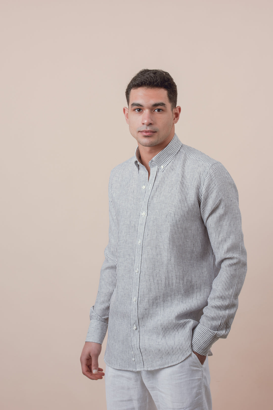 STRIBED WASHED LINEN REGULAR FIT SHIRT